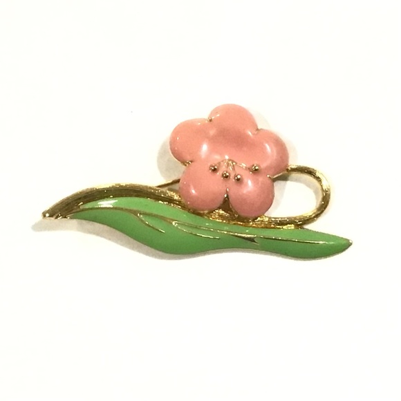 Monet Pink & Green Enamel Flower Pin - Picture 1 of 4
